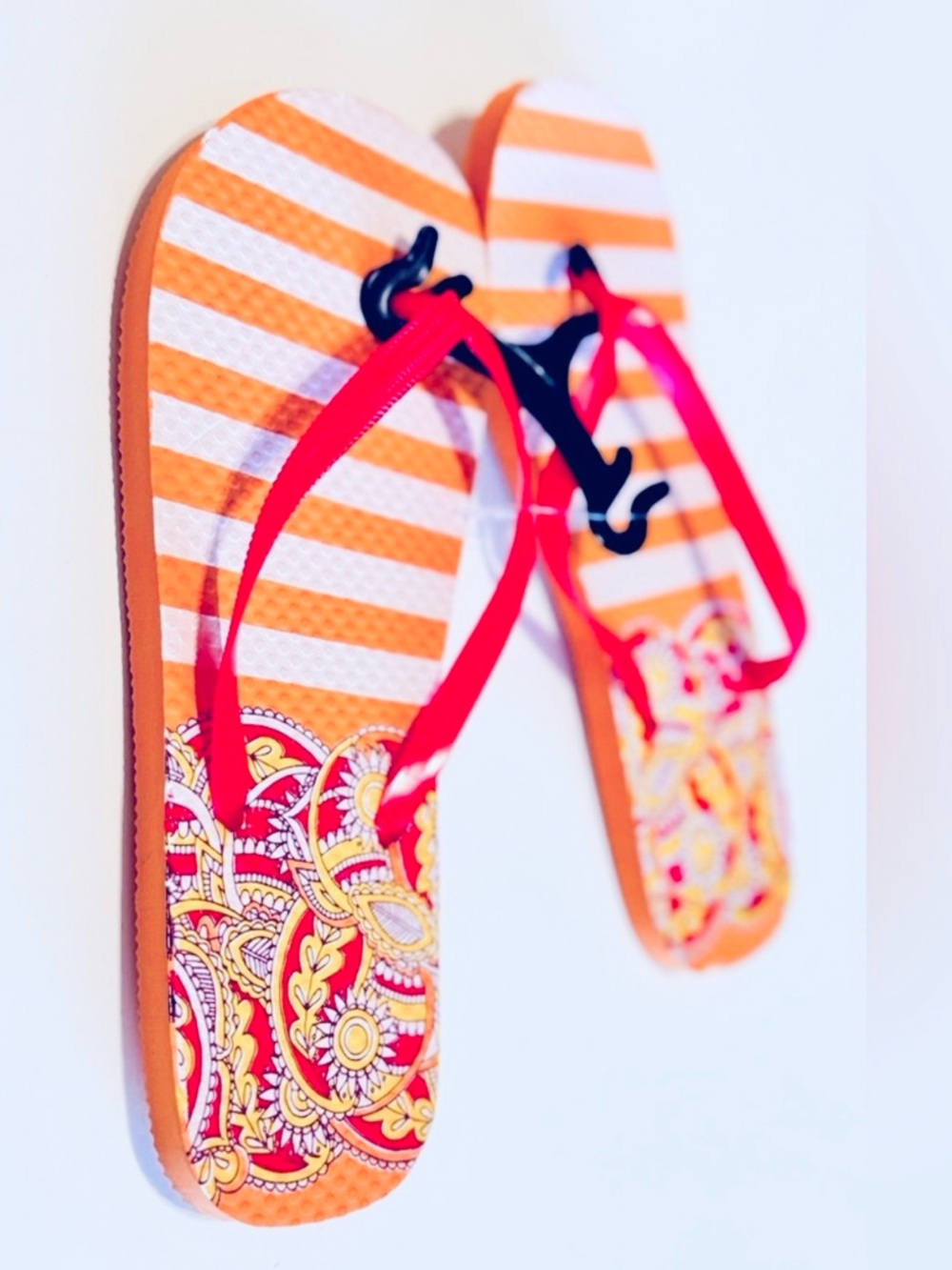 Bohemian Colorful Stripes & Paisley Flip Flops Orange White & Yellow Sandals NWT